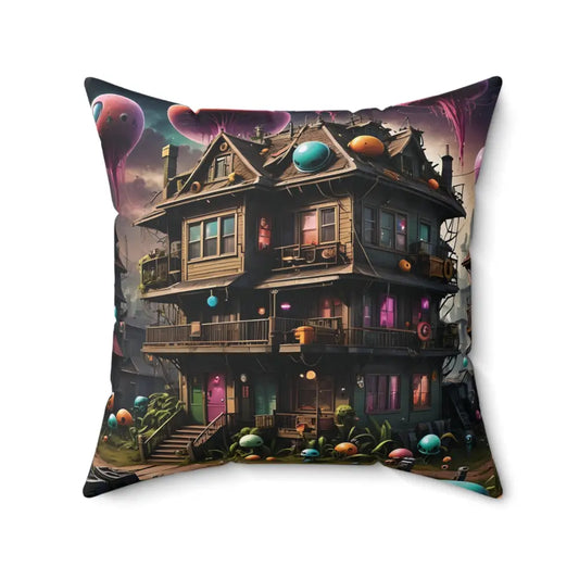 Square pillow with whimsical house design from PixiOnyx Psychedelic Forest Cushion collection