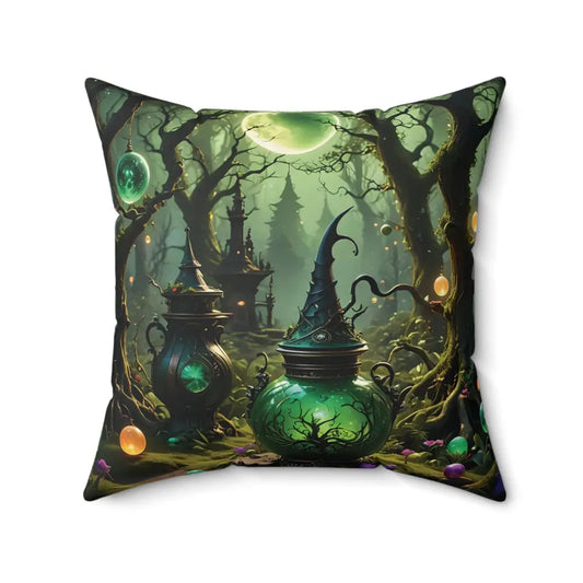 Square pillow with whimsical magical forest scene from PixiOnyx Enchanted Brew Cushion