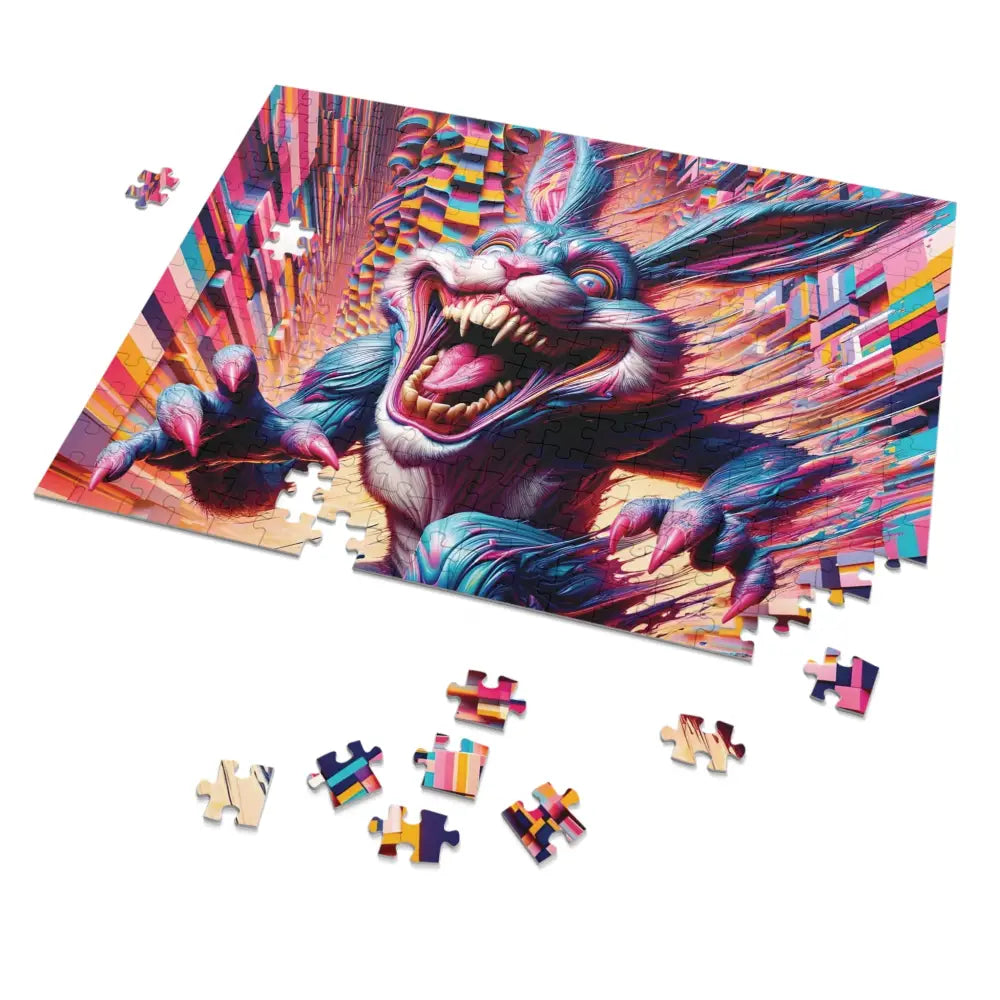 Colorful monstrous rabbit jigsaw puzzle from Pixel Panic Premium Jigsaw Puzzle Psycho Cottontail Quartet PixiOnyx Tin Edition