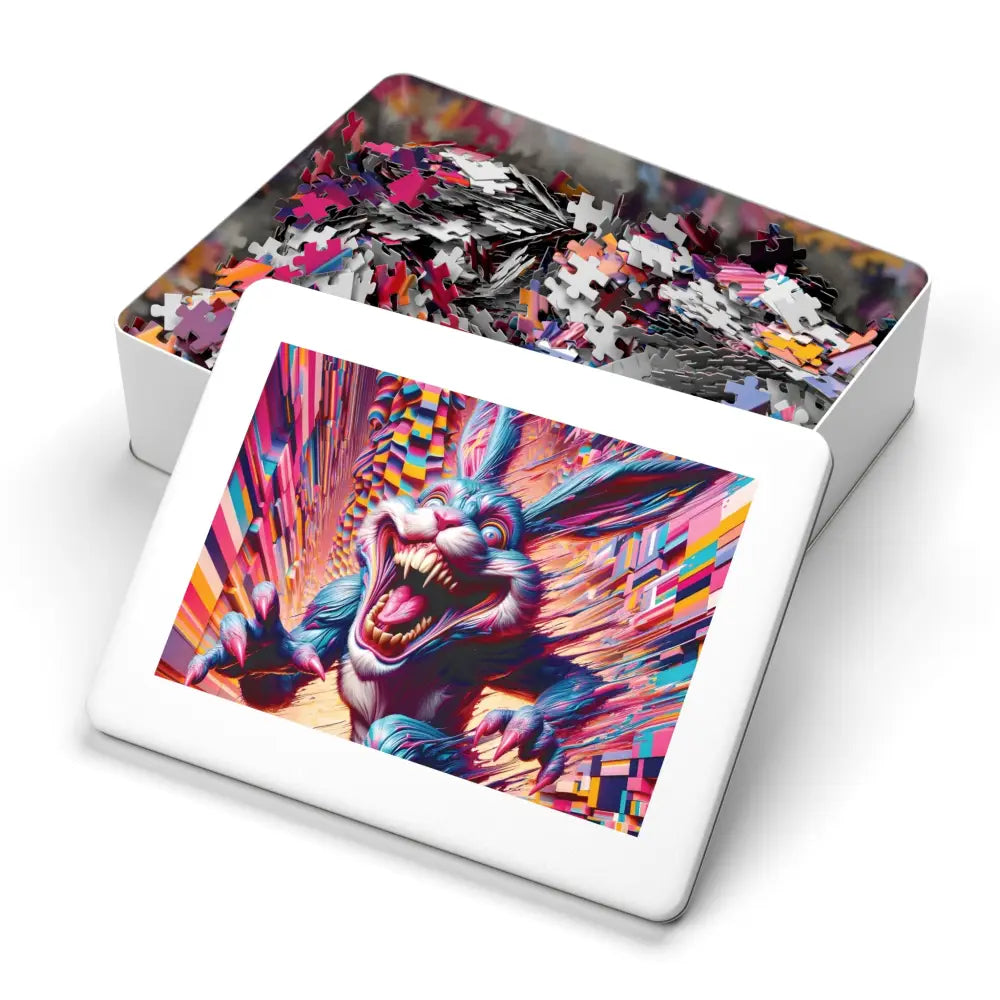 Colorful puzzle box featuring a menacing rabbit design from Pixel Panic Premium Jigsaw Puzzle PixiOnyx Tin Edition