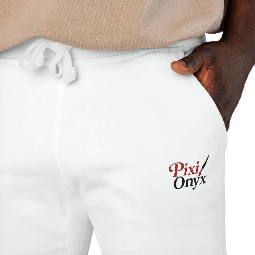 White unisex fleece sweatpants with a red and black Pixi Onyx logo for cozy casual wear