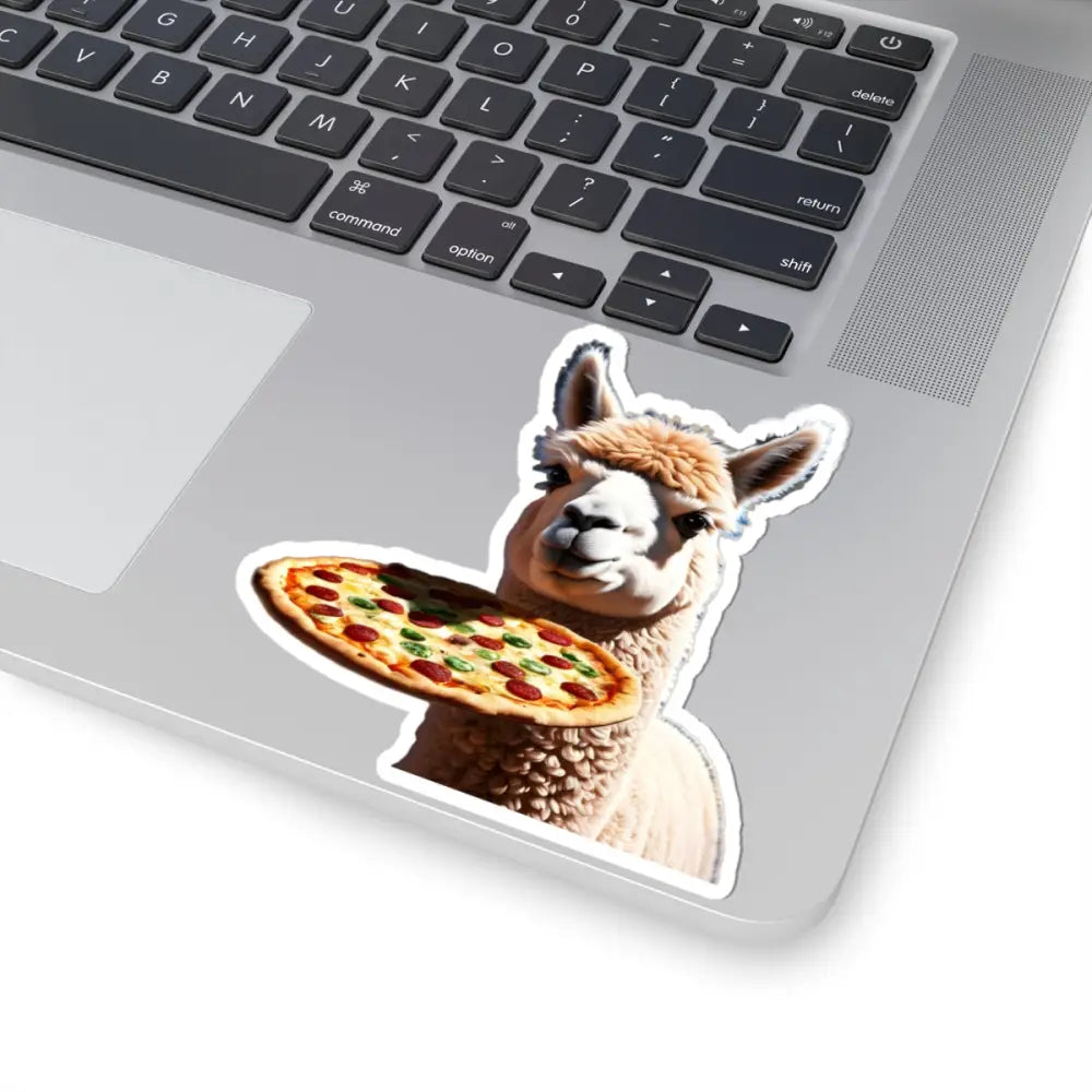 Laptop sticker of an alpaca holding a pizza from PixiOnyx Pizza Courier Llama decal