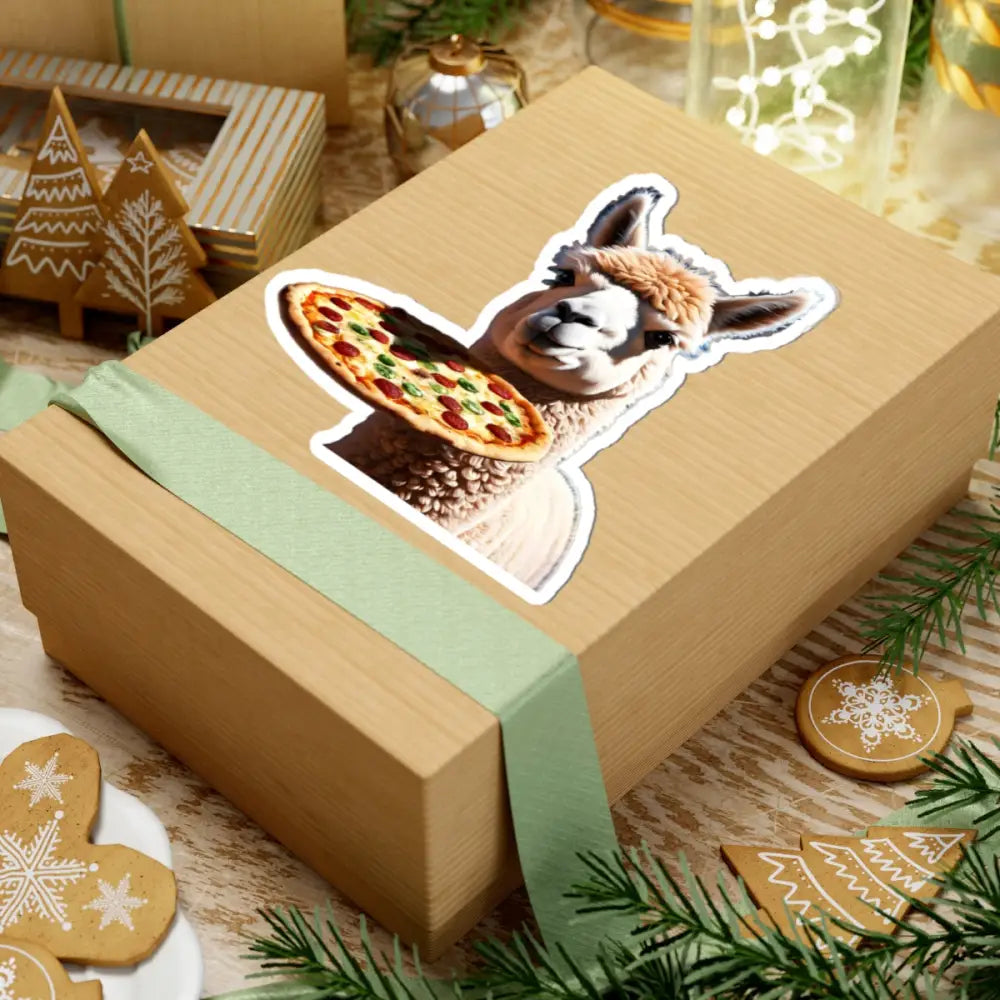 Gift box featuring a Pizza Courier Llama sticker with alpaca pizza design on PixiOnyx Vinyl Decal