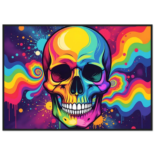 Colorful psychedelic skull artwork in a premium matte framed poster Neon Psychedelic Skull by PixiOnyx