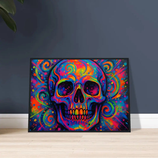 Colorful skull art print framed poster Psychedelic Skull Eruption PixiOnyx Electric Elegance