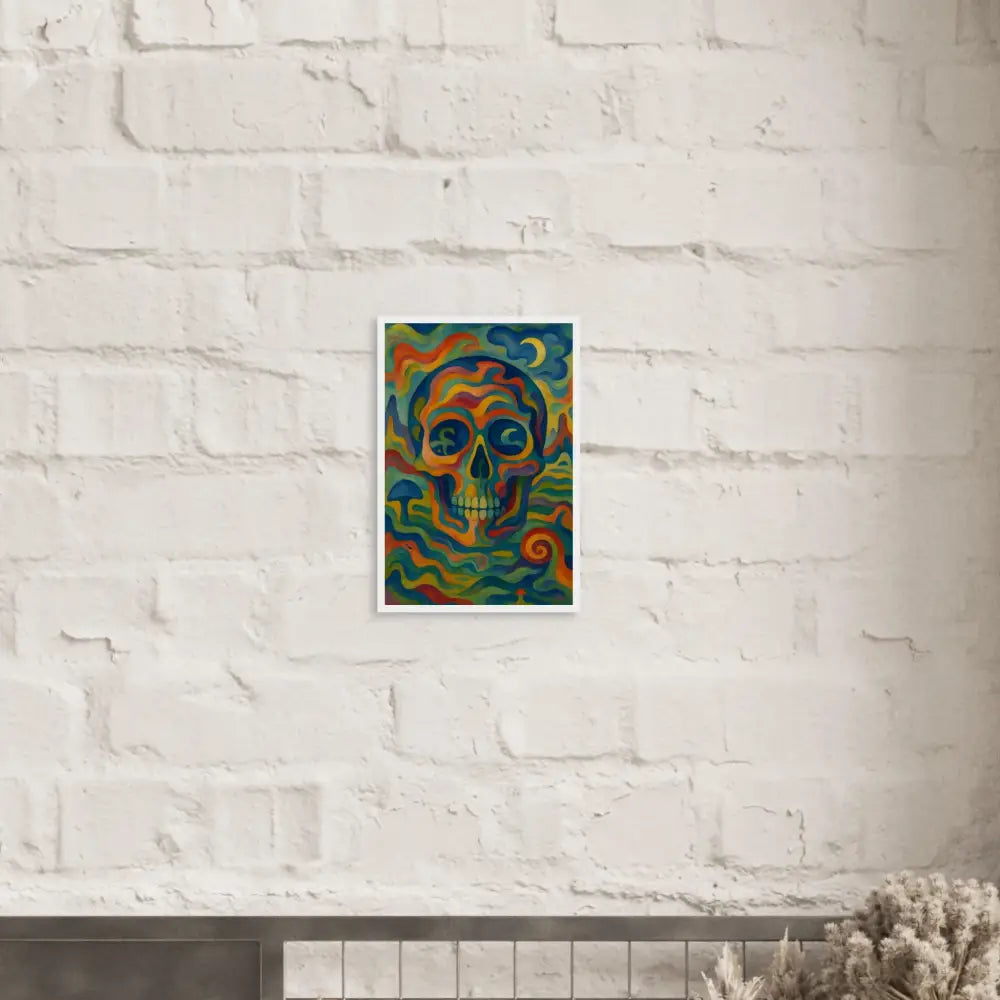 Colorful skull art print on wooden framed poster Craniocolor PixiOnyx psychedelic design