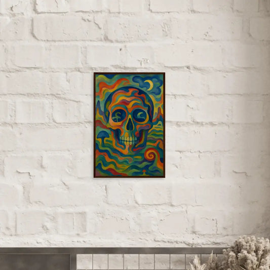 Psychedelic skull art on premium matte paper framed in wood for wall decor