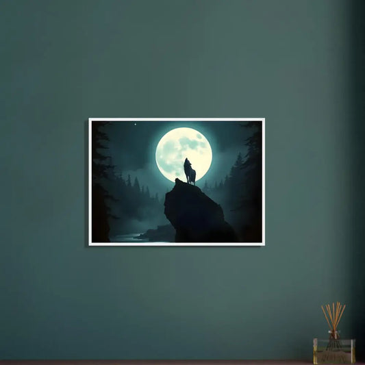 Framed wolf howling at moon artwork on premium matte paper in wooden frame