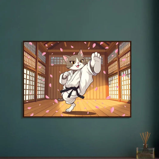Framed Karate Cat art on premium matte paper in wooden frame with Cherry Blossom Showdown design
