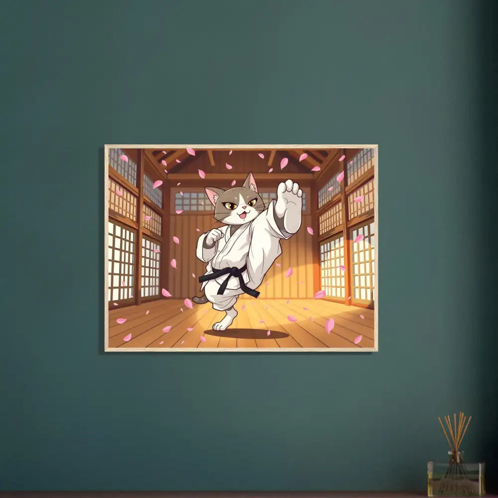 Framed Karate Cat art on Premium Matte Paper wooden poster with Cherry Blossom Showdown design
