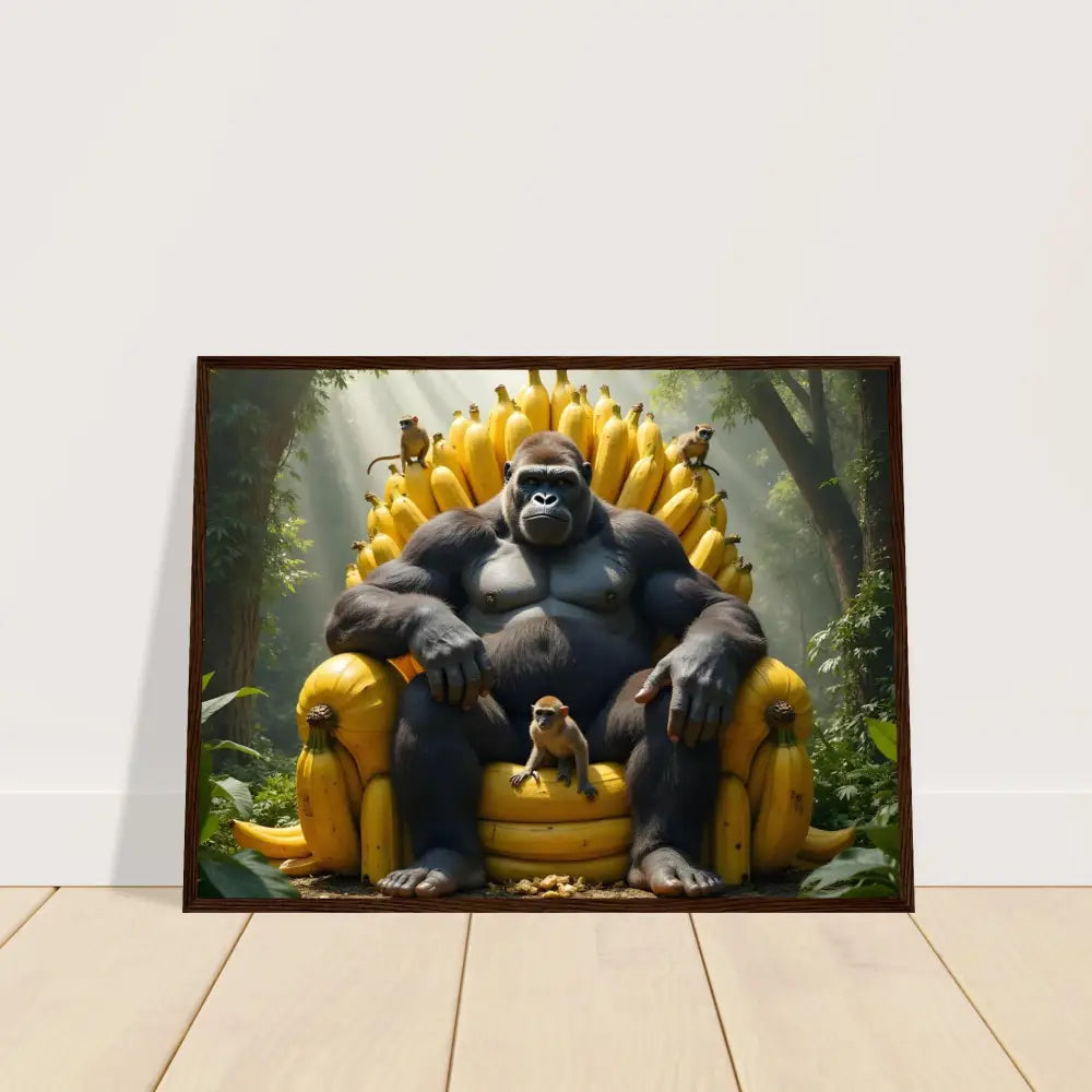 Framed Gorilla Banana Throne art poster on premium matte paper in wooden frame