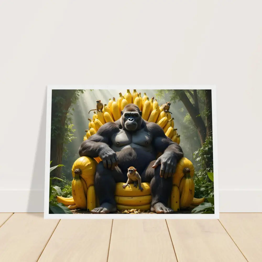 Framed gorilla banana throne art poster on premium matte paper in wooden frame