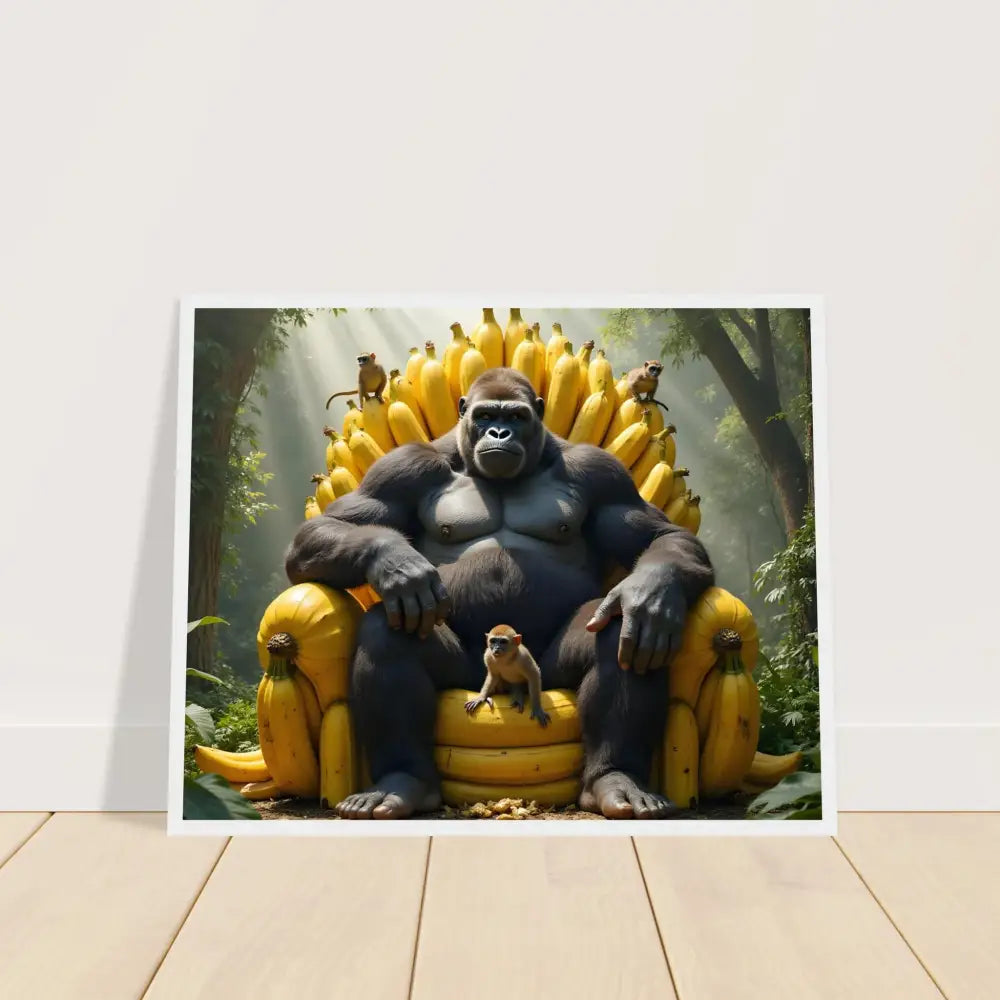 Gorilla sitting on a banana throne displayed in a Premium Matte Paper Wooden Framed Poster