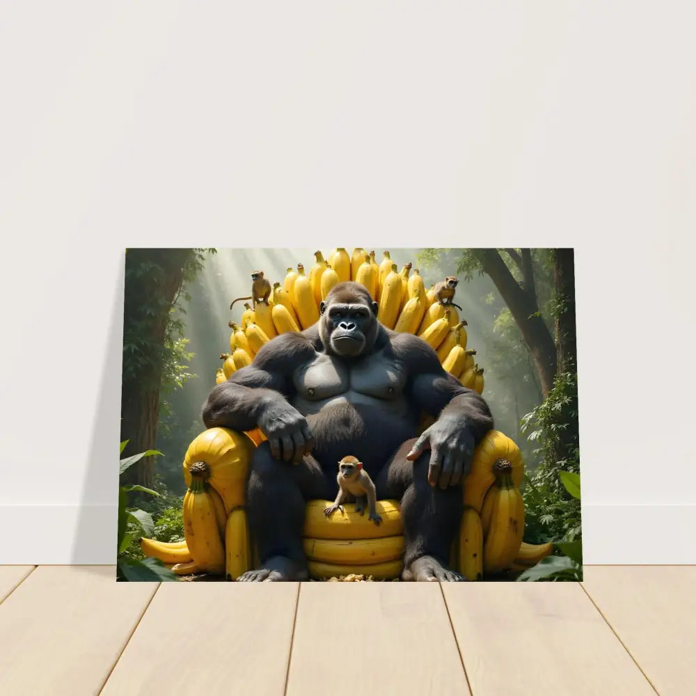 Banana throne gorilla artwork on wooden framed poster showcasing King Kong’s royal throne