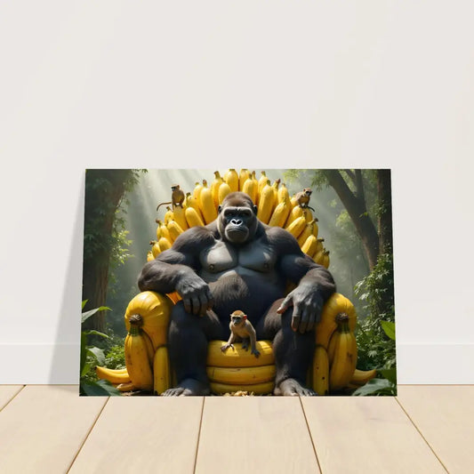 Banana throne gorilla artwork on wooden framed poster showcasing King Kong’s royal throne
