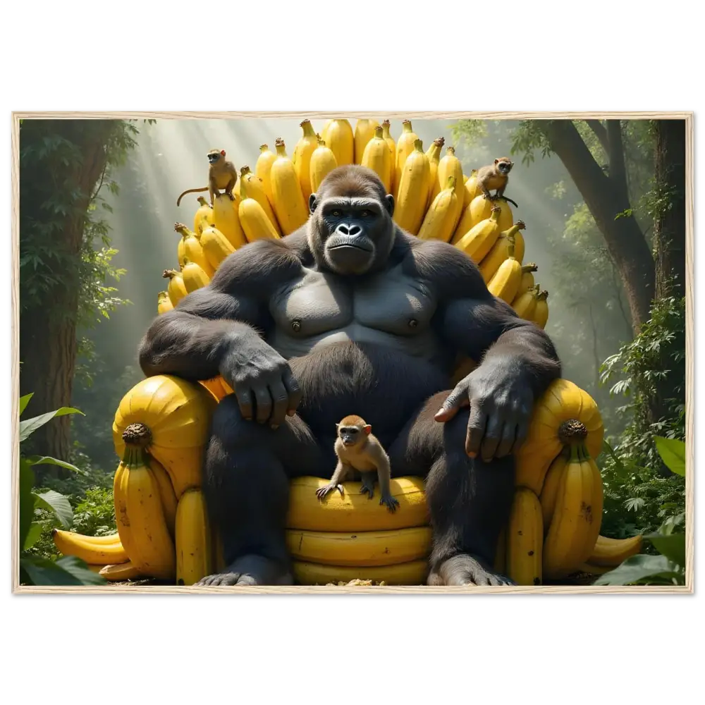Gorilla king sitting on a banana throne in a wooden framed poster by PixiOnyx