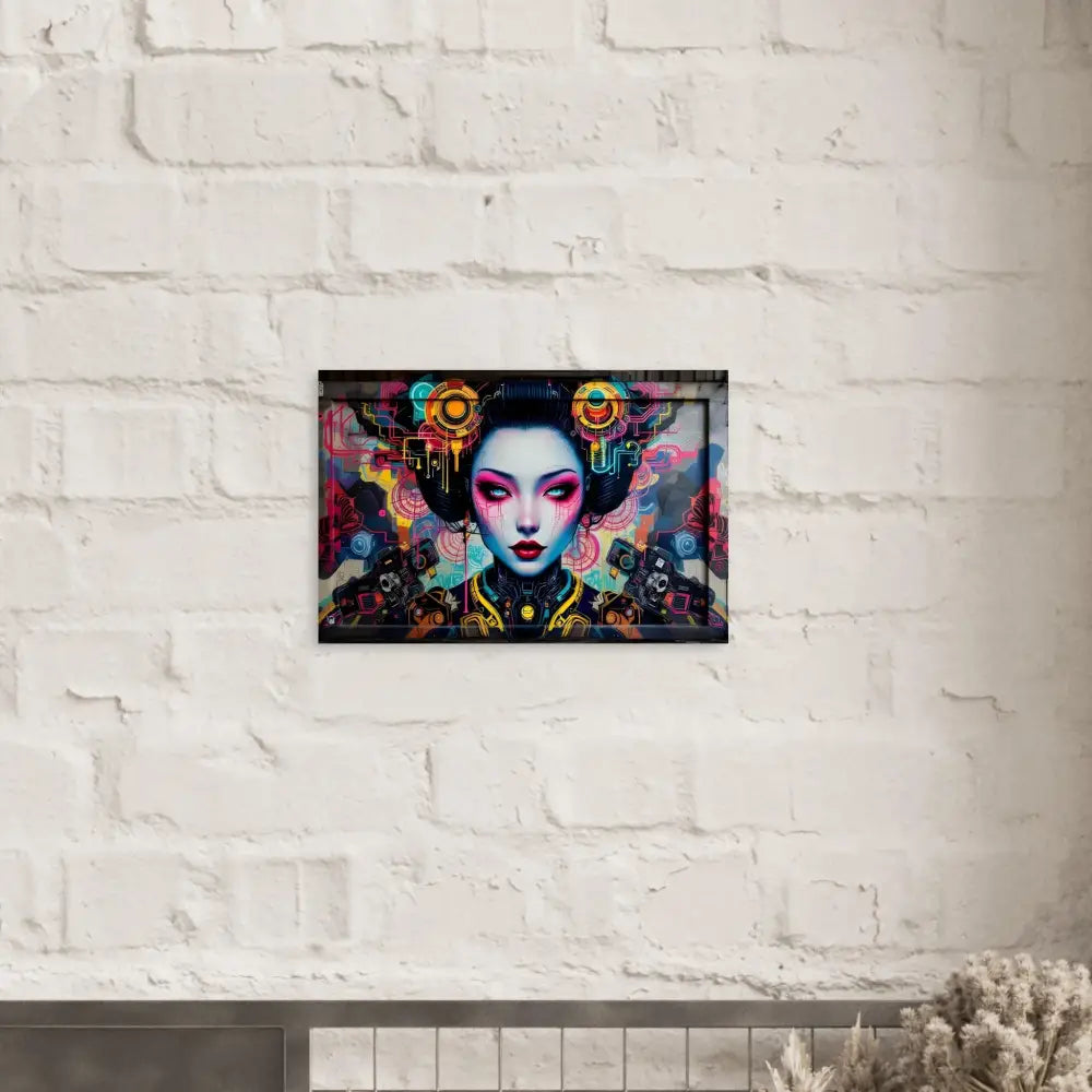 Framed Geisha art displayed on premium matte paper wooden poster featuring Mech Shrine Geisha