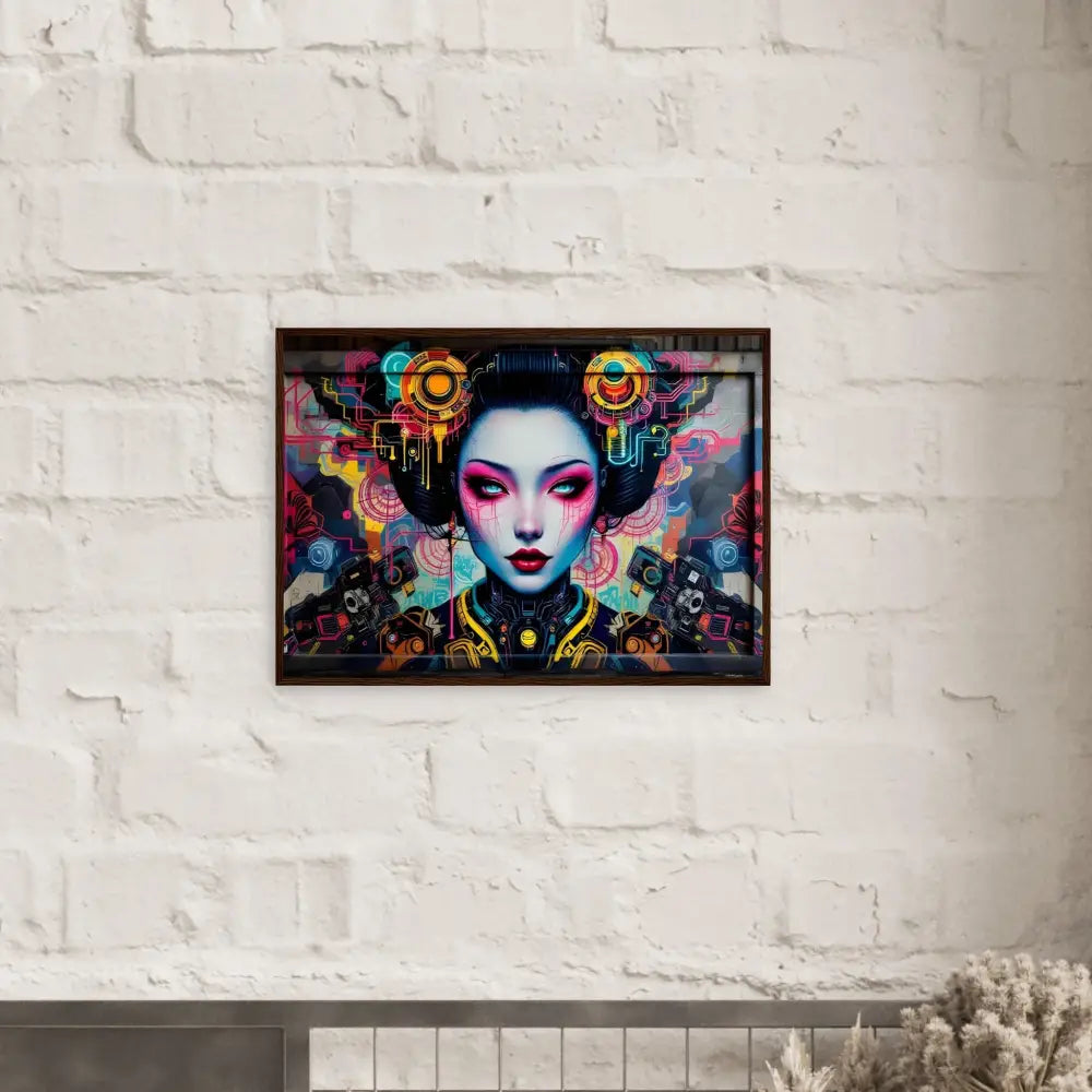 Framed cyberpunk geisha art poster on premium matte paper with wooden frame