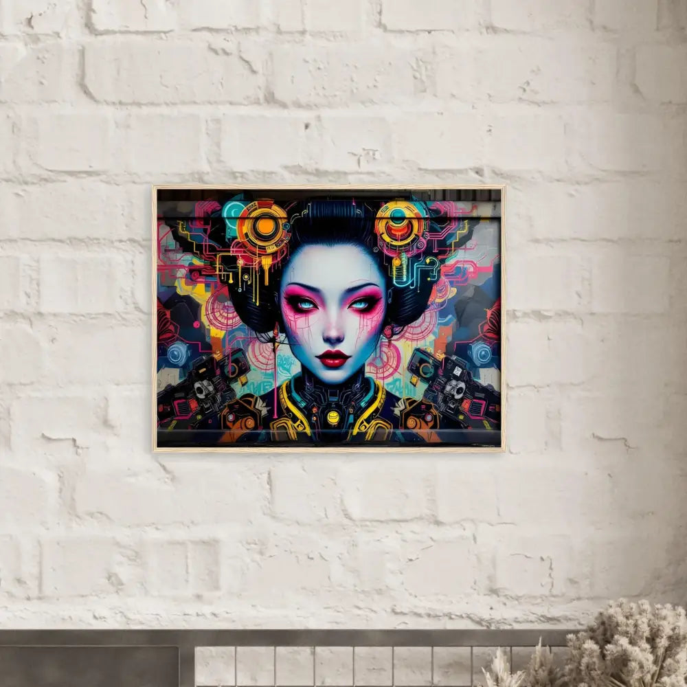 Framed cyberpunk geisha art poster on premium matte paper with wooden frame