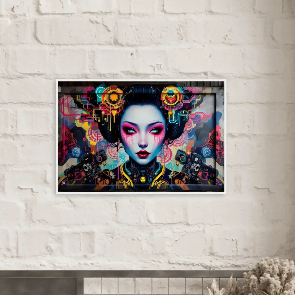 Framed cyberpunk geisha art on premium matte paper in a wooden frame