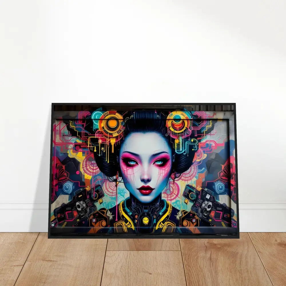 Cyberpunk geisha artwork framed on premium matte paper wood poster in urban circuit style