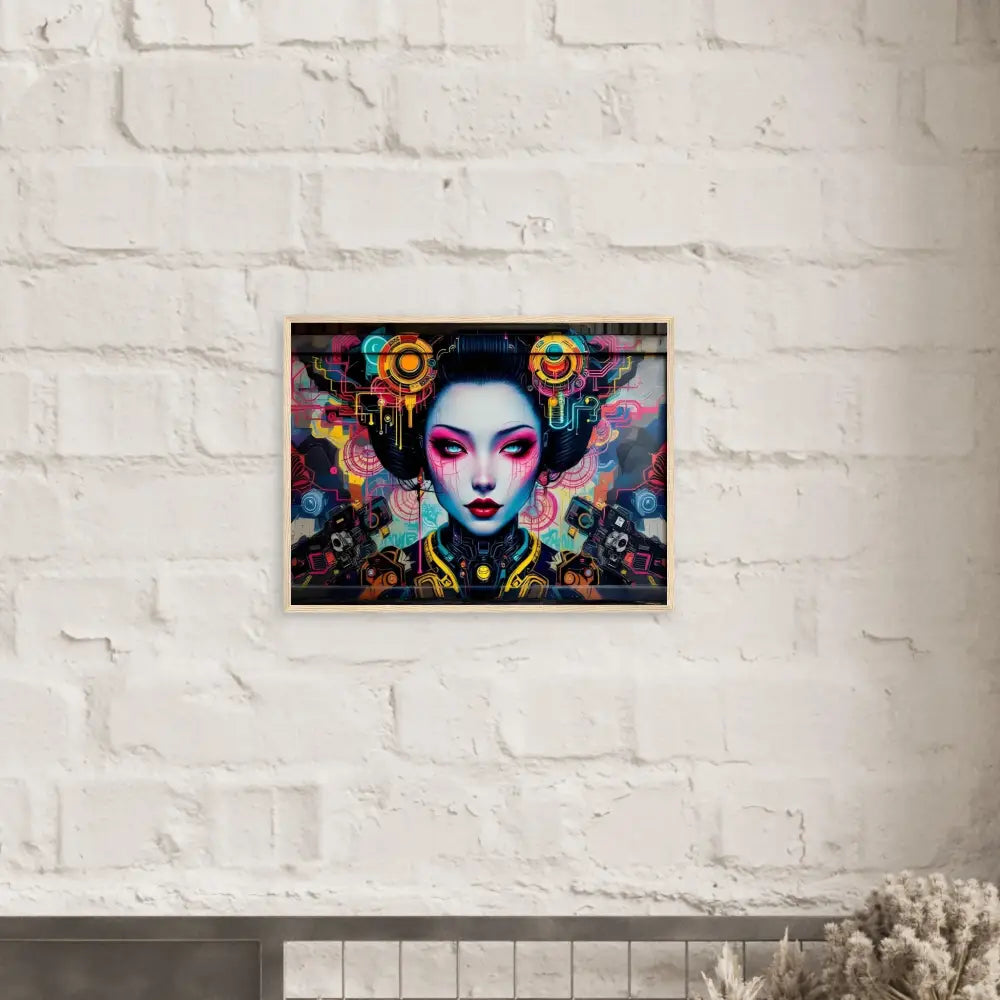 Framed cyberpunk geisha art poster on premium matte paper with wooden frame