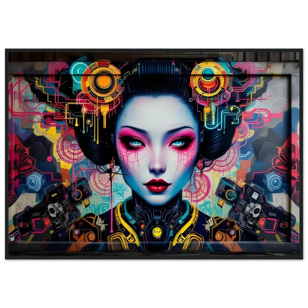 Cyberpunk geisha graffiti art on premium matte paper wooden framed poster Mech Shrine Geisha