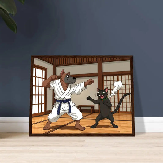 Framed cartoon of a dog and cat karate fighting on premium matte wooden poster