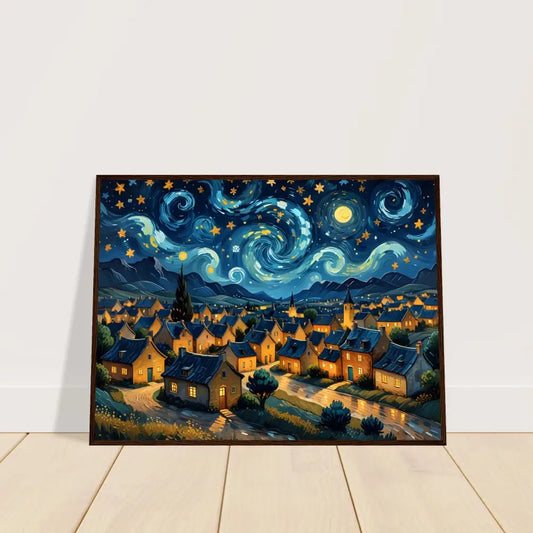 Framed starry night village painting on premium matte paper displayed in a wooden frame