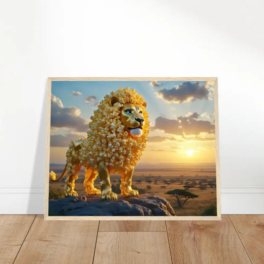 Framed popcorn lion artwork on premium matte paper wooden poster in whimsical wilderness style