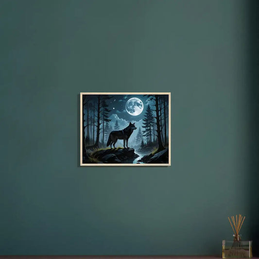 Framed wolf and moon artwork on premium matte paper showcasing lunar dreamscape design