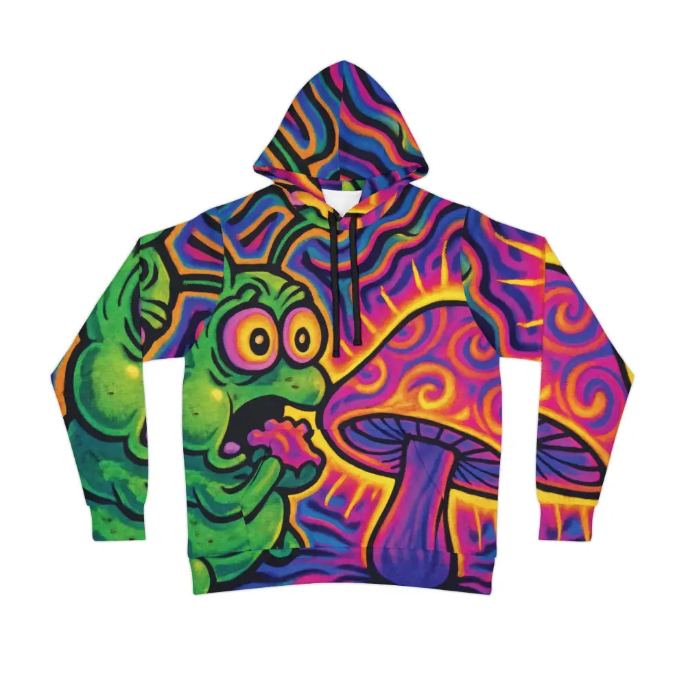 Psychedelic caterpillar and mushroom design hoodie from PixiOnyx Absurdist Apparel