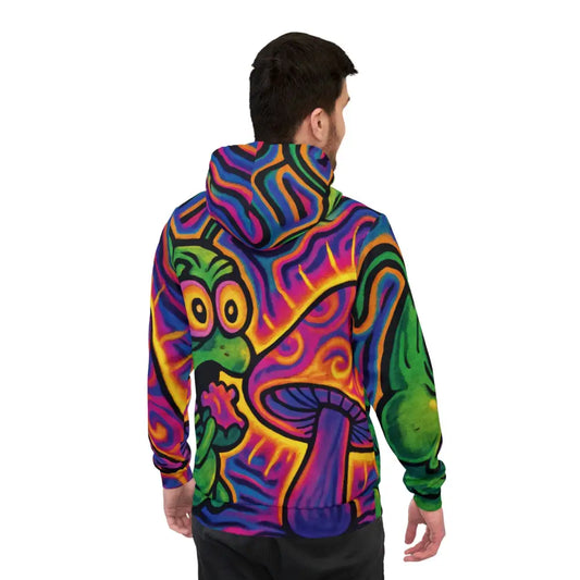 Colorful psychedelic hoodie from PixiOnyx Absurdist Apparel’s Shroomapillar Snack Attack collection