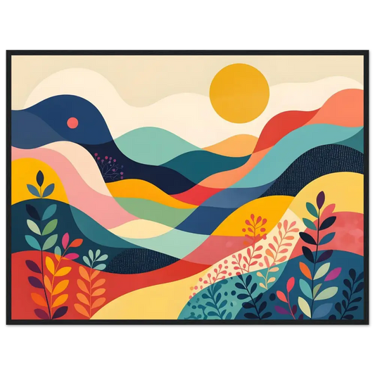 Colorful abstract landscape painting in a wooden frame for PixiOnyx Dreamscape poster