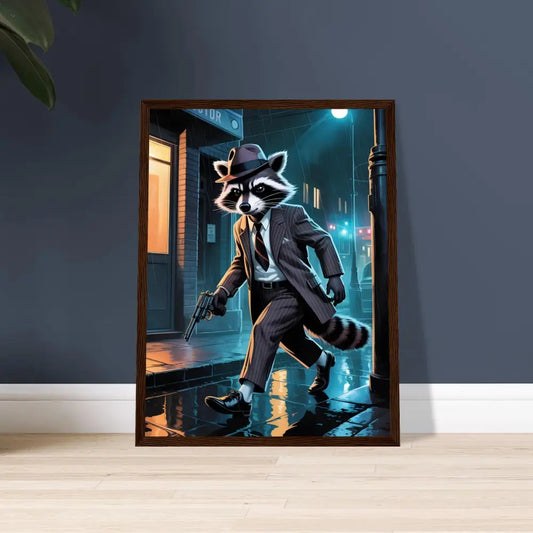 Framed raccoon gangster art poster showcasing Noir Alley Swagger by PixiOnyx