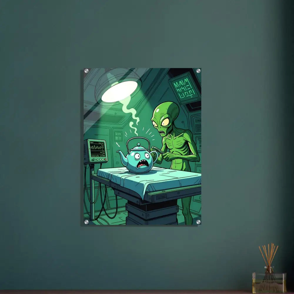 Humorous alien abduction art on Probe Protocol Acrylic Print for Sci-Fi comedy wall decor