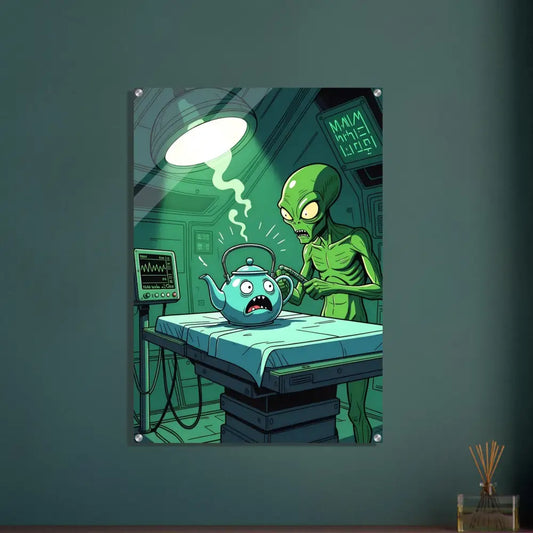 Humorous alien operating room scene on PixiOnyx Gloss Wall Art for sci-fi comedy fans