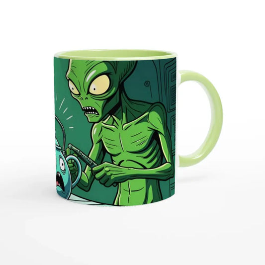 Green alien abduction mug Featuring Probe Protocol Alien Teapot Cartoon PixiOnyx 11oz