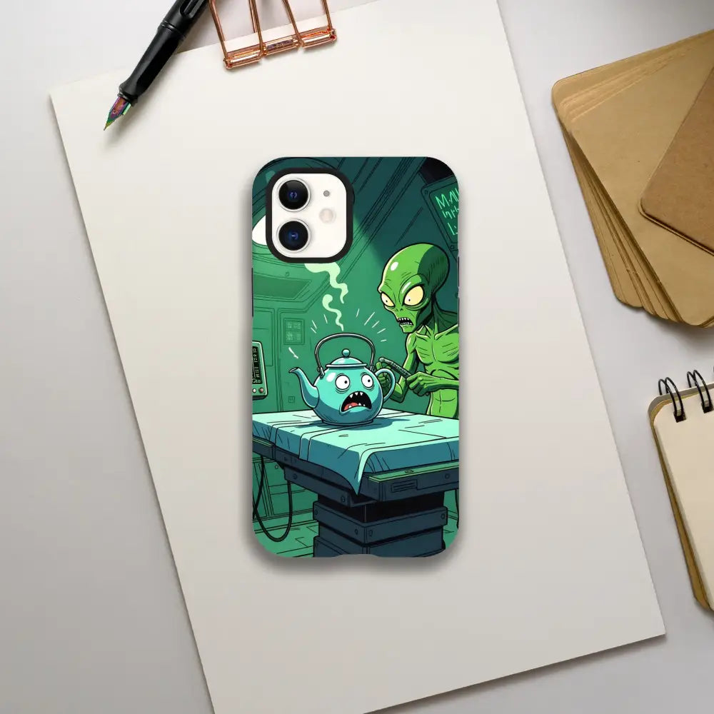 Cartoon alien phone case featuring an alien teapot scene for iPhone by PixiOnyx