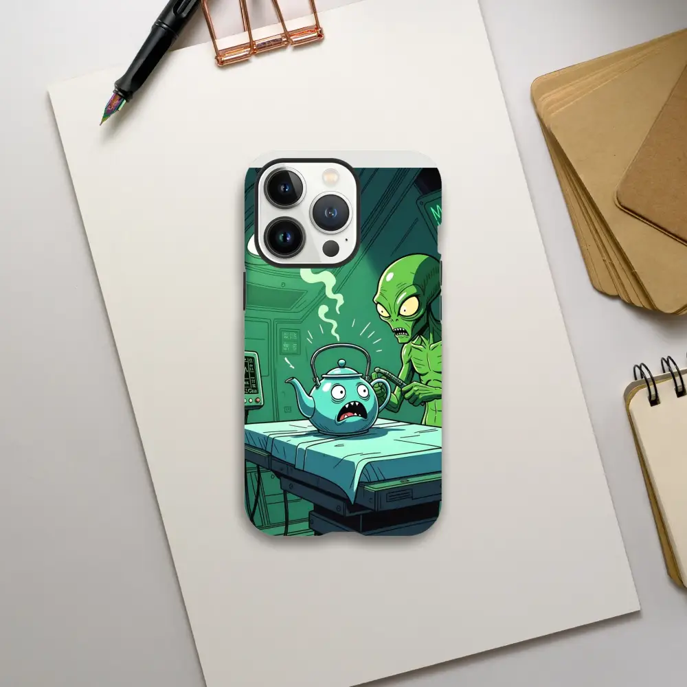 Humorous alien abduction phone case featuring alien scene on PixiOnyx iPhone Tough Case