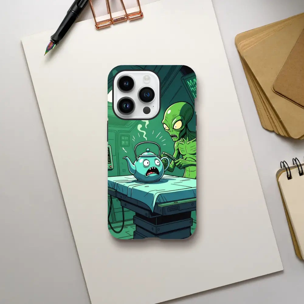 Cartoon alien abduction phone case featuring alien and teapot scene for iPhone durability