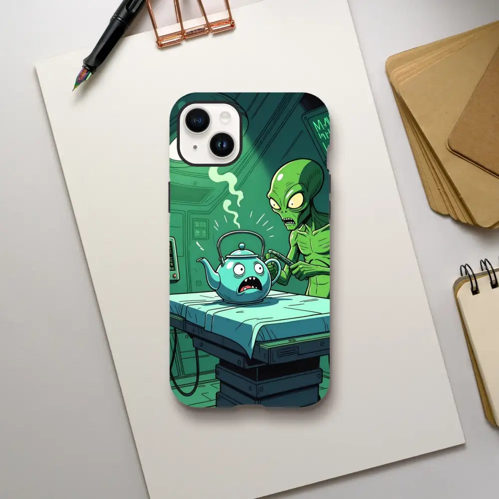 Cartoon alien phone case featuring Probe Protocol Alien Teapot Scene for iPhone