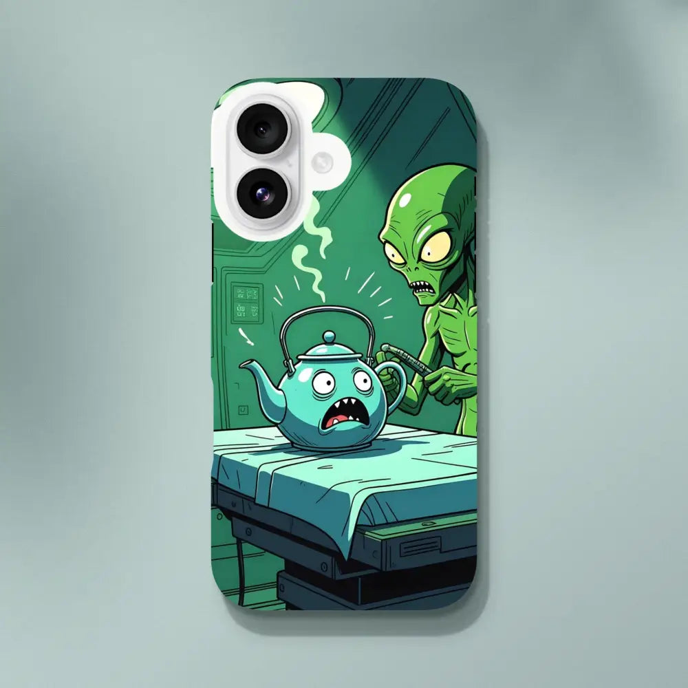 Cartoon alien abduction phone case featuring an alien teapot scene for iPhone Protectio