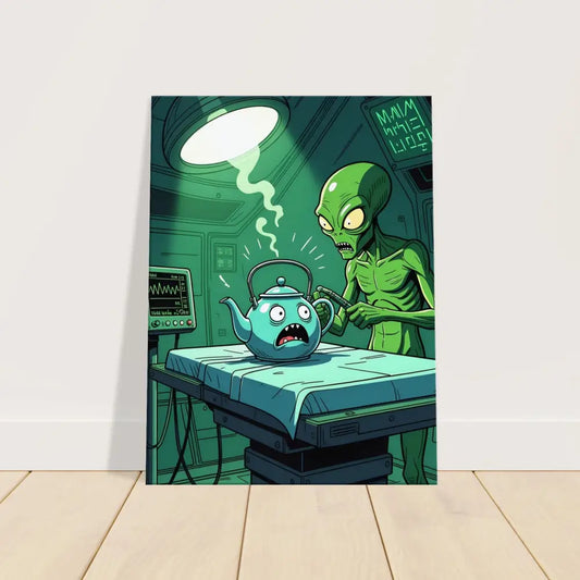Cartoon alien examining a teapot for Probe Protocol Canvas Tea Time Terror PixiOnyx Wall Art