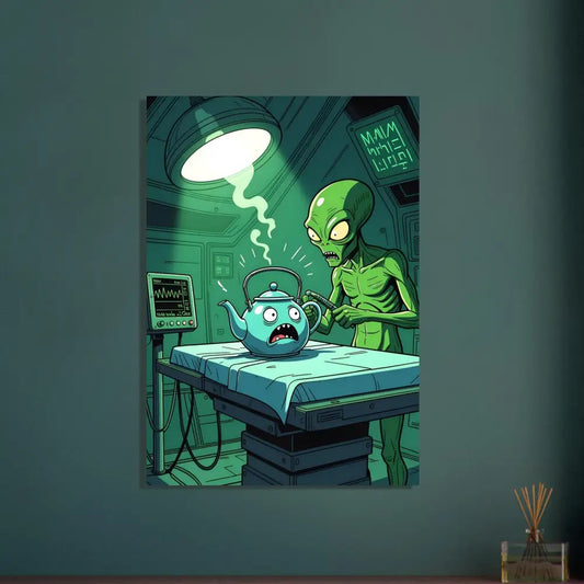 Humorous alien operating room scene on PixiOnyx Aluminum Wall Art for Probe Protocol Metal Print