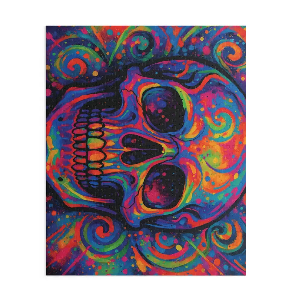 Colorful skull jigsaw puzzle with vibrant psychedelic design displayed on PixiOnyx product page