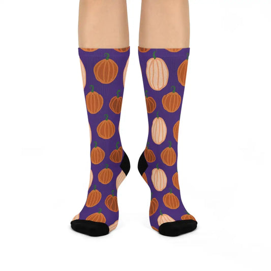 Purple pumpkin pattern cozy socks for Halloween fall fashion from PixiOnyx