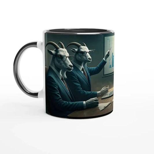 Mug featuring goat businessmen from the Quarterly Goat Earnings Report by PixiOnyx Executive Absurdware