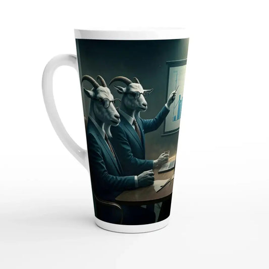 Latte mug with goat businessmen from Quarterly Goat Earnings Report on PixiOnyx Morning Powerware