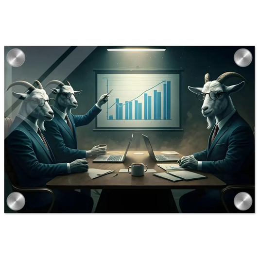 Goat executives discussing the Quarterly Goat Earnings Report in a sleek acrylic display